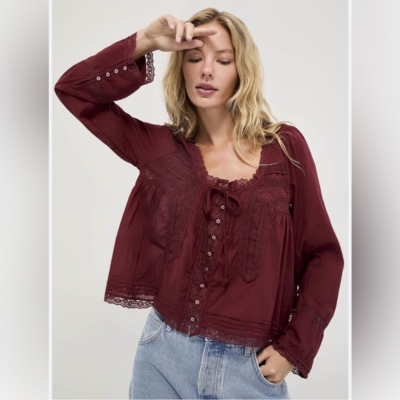 Free People Tops - Free People Forevermore Crochet Lace Blouse Burgundy Boho Cotton Top Size L
